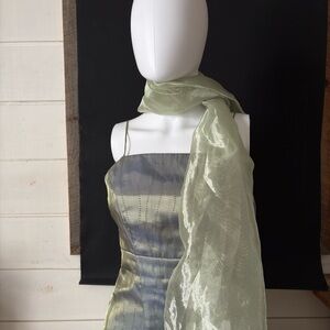 Iridescent Green-Blue Satin Evening Dress with Sheer Sage Scarf